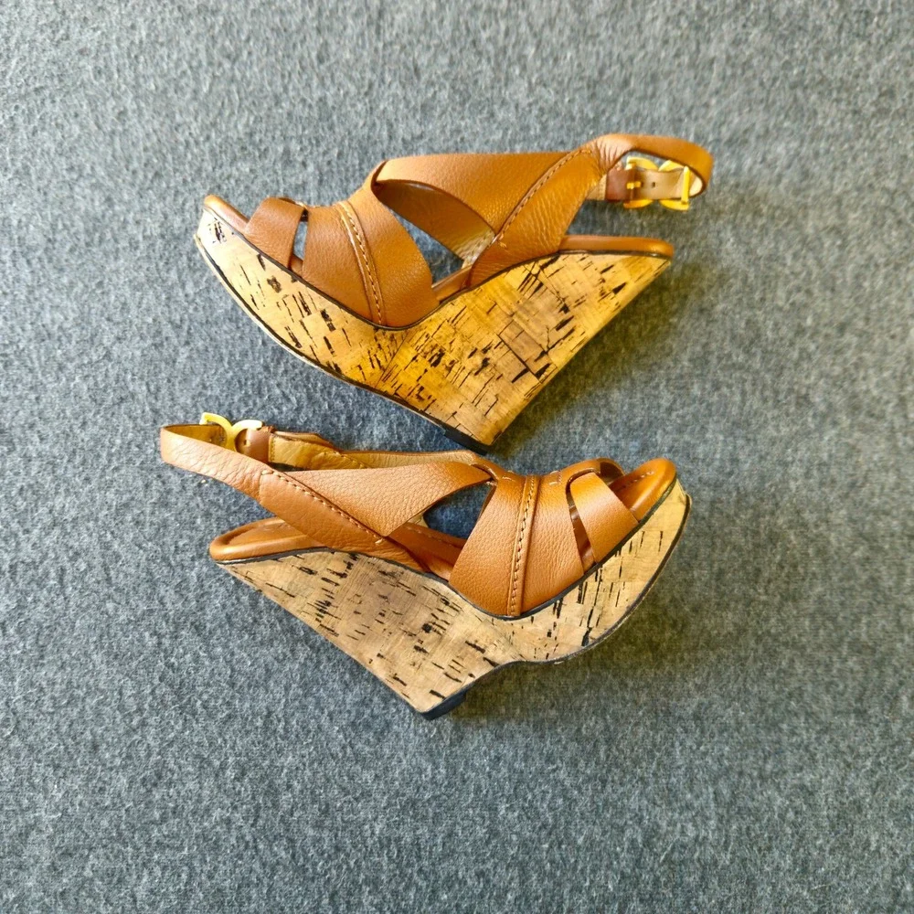 CHLOE Renna Cork Wedge Sandals 38 Act 36 Cognac Leather Strappy Platform CH16066